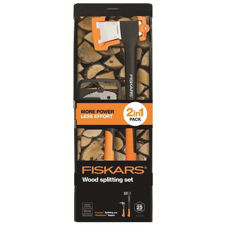 Комплект брадва за цепене на дърва и мистрия Fiskars, въглеродна стомана, черно/оранжево