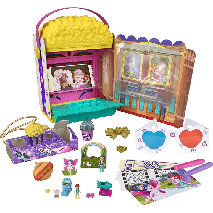 Set de joaca Polly Pocket, Popcorn, cu 2 papusi si 12 accesorii, casuta pliabila, 21.4x14.9 cm