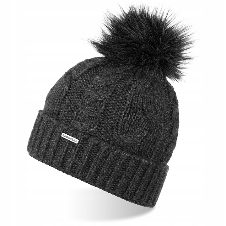 Caciula cu ciucure dama, Brodrene, Lana, 55-58 cm, Gri inchis