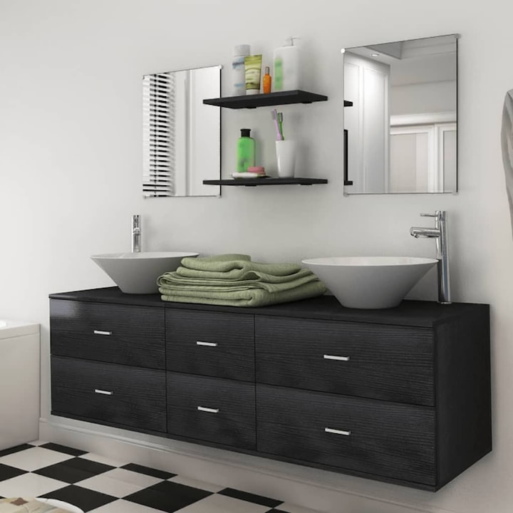 Set mobilier de baie, 9 piese, cu chiuveta si robinet, negru, Design Unic,150 x 45 x 45 cm - 854549