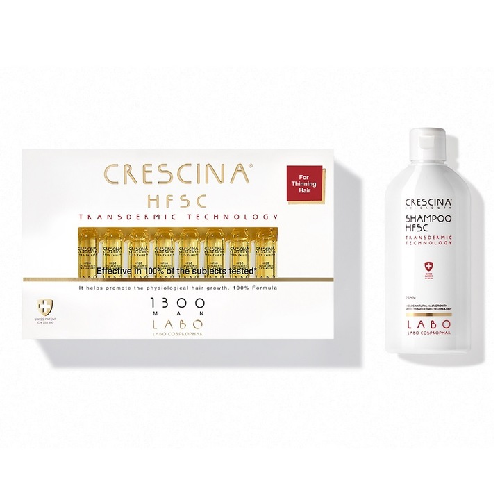 Pachet Crescina HFSC Transdermic 1300, impotriva caderii parului, pentru barbati: Fiole, 20 fiole + Sampon, 200 ml