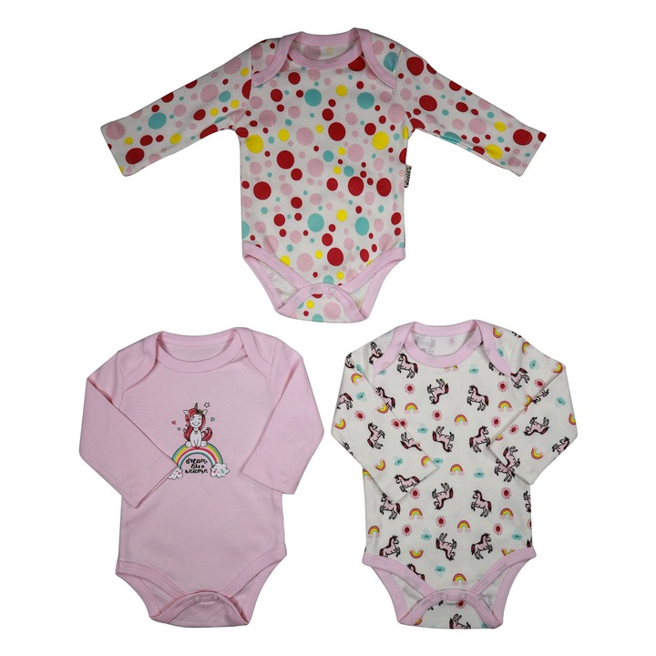 Set 3 Body-uri Maneca Lunga "Unicorn Dream" 100% Bumbac, Multicolor