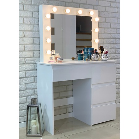 Masa de toaleta si machiaj Hollywood Pro, alba, cu 4 sertare, oglinda si 12 LED-uri, 90x40x140 cm