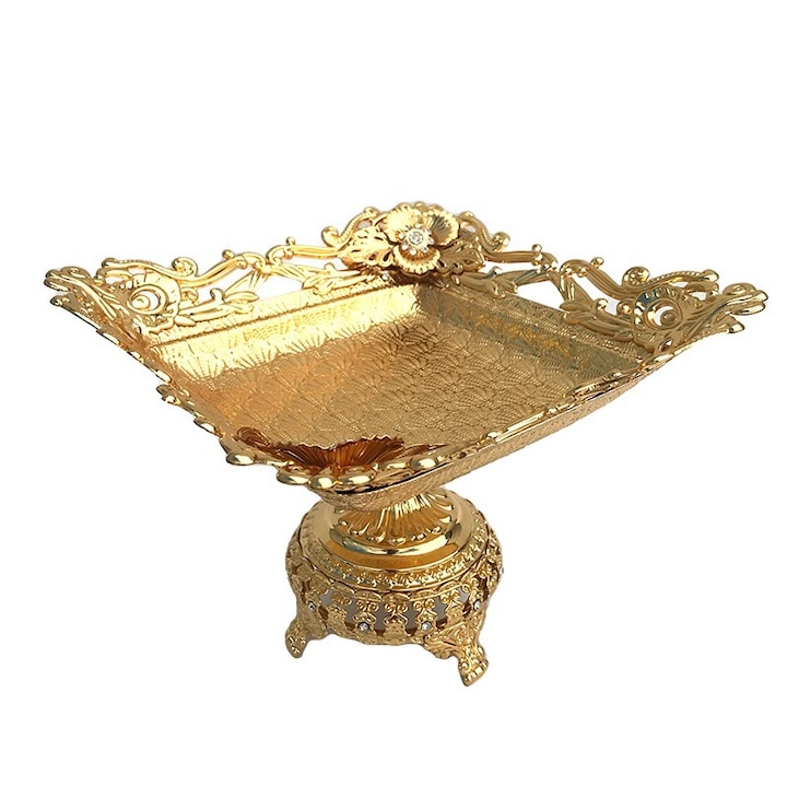 Fructiera din metal, cu picior, cu model floral si cristale, auriu, 23x17 cm