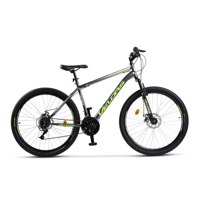 Bicicleta MTB cu Roti de 27.5", Suspensie fata, 18 Viteze, gri/verde, Mountain Bike Velors Vulcano Genius cu Frane DISC-fata/spate