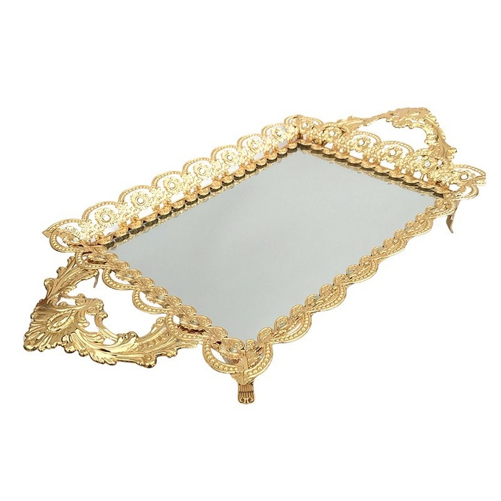 Fructiera din metal, cu oglinda si toarte, 53x8 cm