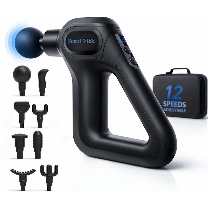 Aparat Profesional pentru Masaj Tip Pistol SmartGUN™ 750, 8 Capete, 12 Viteze, 3200 Percutii/Minut, Display LCD, Autonomie Mare, Portabil, Silentios, Ergonomic, Relaxare prin Vibromasaj, Geanta Transport, Black