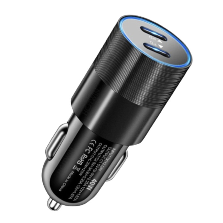 Quande Autós töltő, 40w, 5V 3A , iPhone 14, 13, 12 Pro Max, 11, galaxy S22, S21, S20, fekete