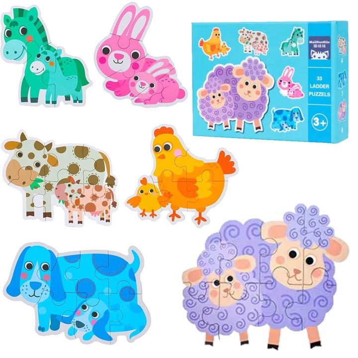 Комплект от 6 детски пъзела, 3 години+, Животински модел, Многоцветен