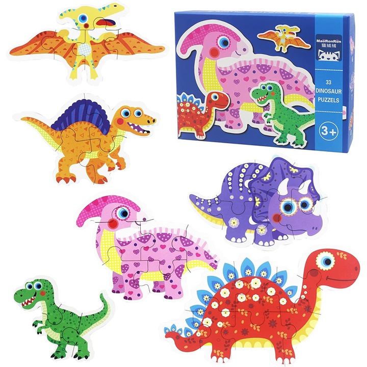 Комплект от 6 детски пъзела, 3 години+, модел на динозавър, многоцветен