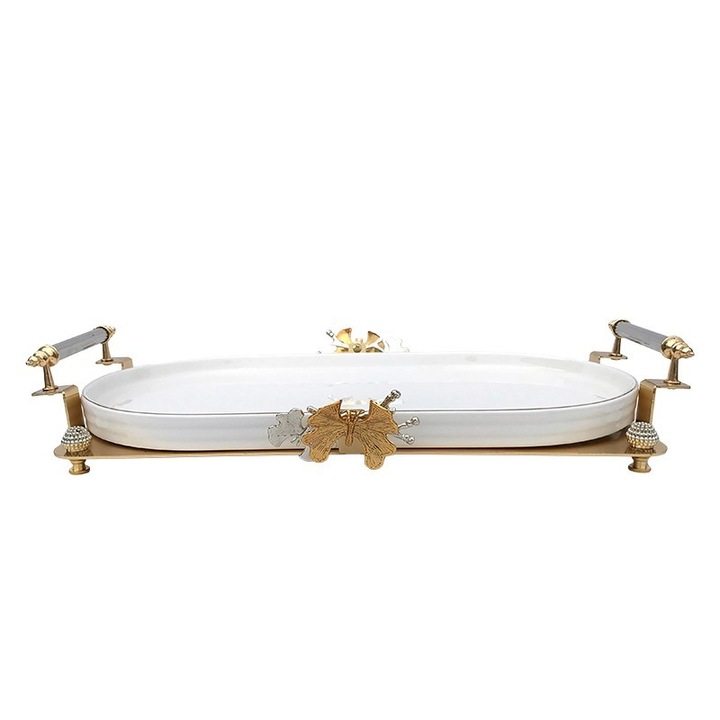 Platou din ceramica asezat pe suport metalic cu toarte si decorat cu fluturi, 40x7 cm