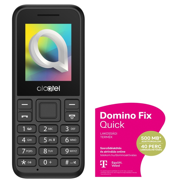 Alcatel 1068G Feltöltőkártyás Mobiltelefon, fekete + Telekom Domino Quick SIM kártya