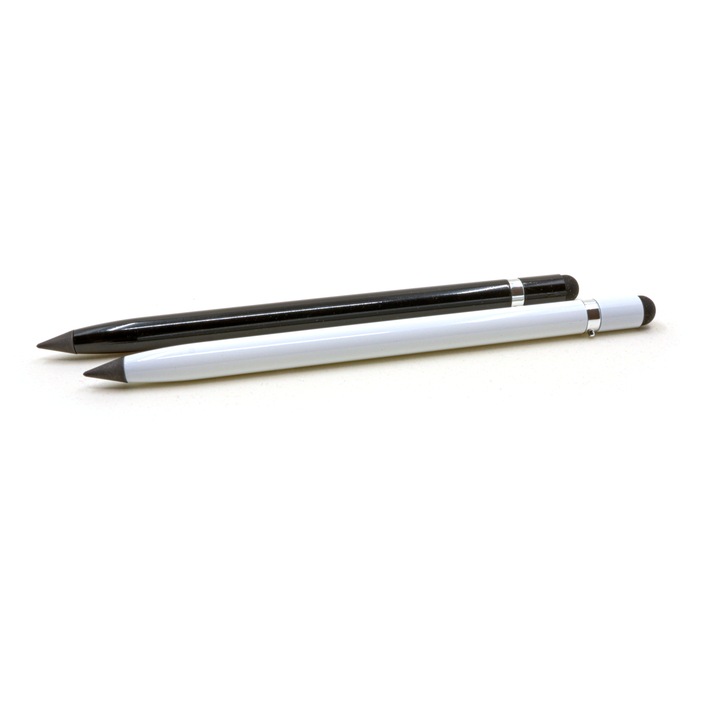 Set 2 creioane metalice HB cu varf interminabil, multifunctional, functie touch screen, eco friendly, durabil, Novak black & white edition