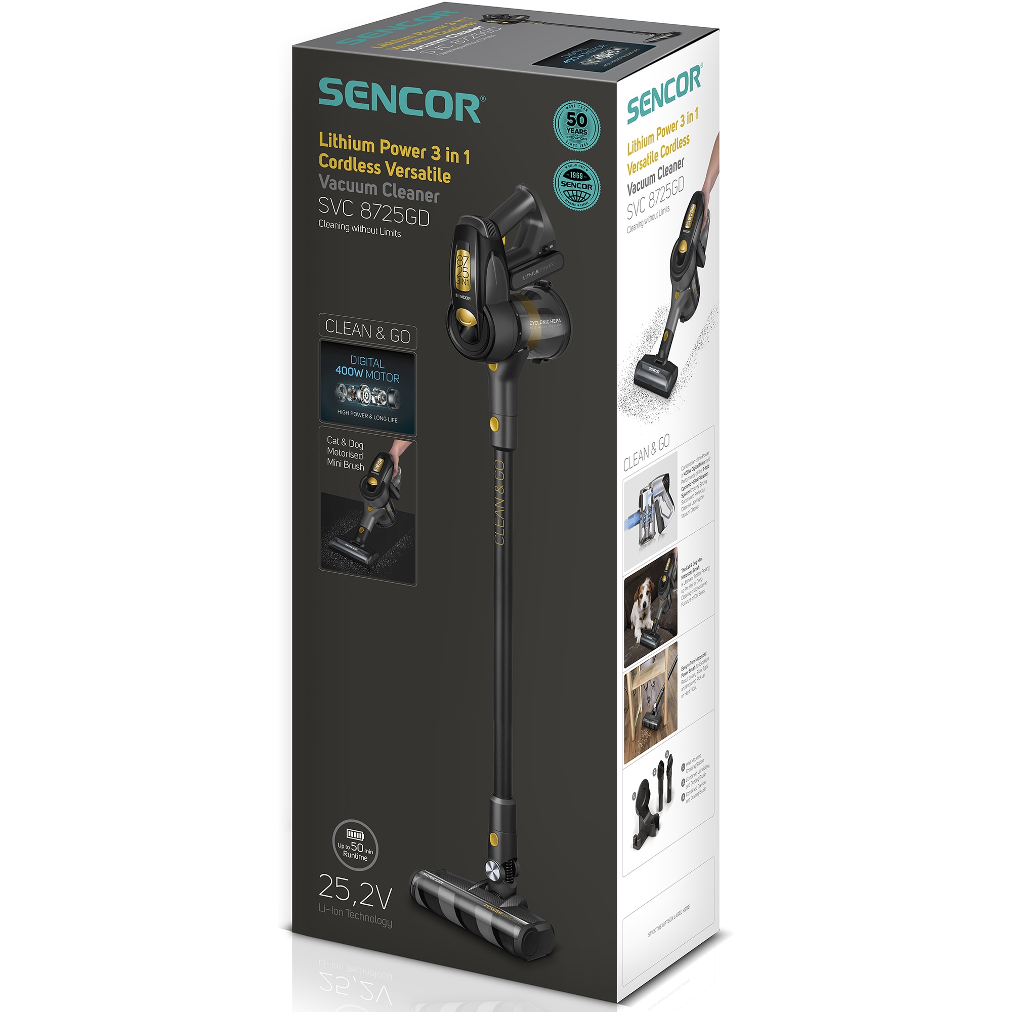 Aspirator vertical fara fir Sencor, putere 400W, autonomie 50 min, recipient praf 0.5 l, negru