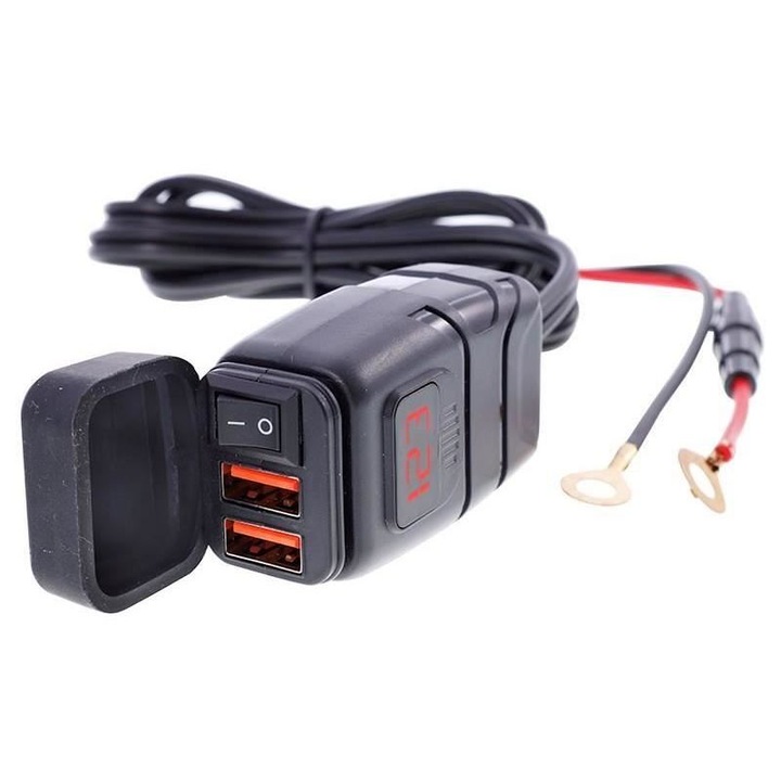 Priza cu 2 USB-uri, 3.4A, voltmetru, intrerupator, moto, ATV 63208 Carmotion