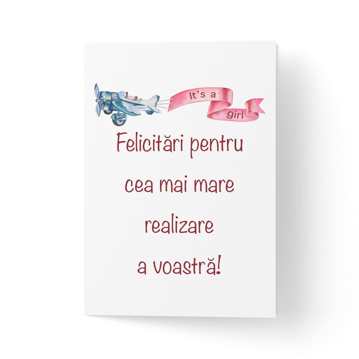 Felicitare cu plic, hartie texturata premium - nou-nascut fetita cu avion - 11x16cm