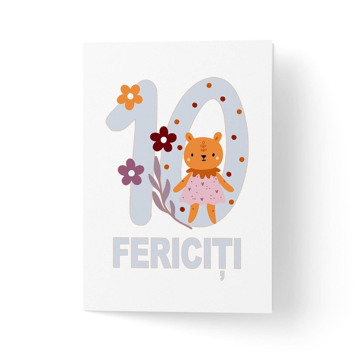 Felicitare 100% reciclata cu plic, hartie texturata premium - zece ani cu ursulet - 11x16cm
