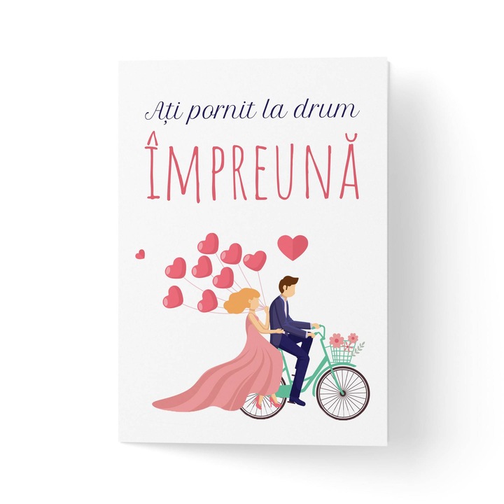 Felicitare 100% reciclata cu plic, hartie texturata premium - pentru nunta cu miri pe bicicleta - 11x16cm