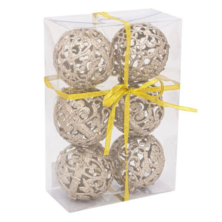 Set 6 globuri pentru bradul de Craciun, sampanie, cu sclipici, 8 cm