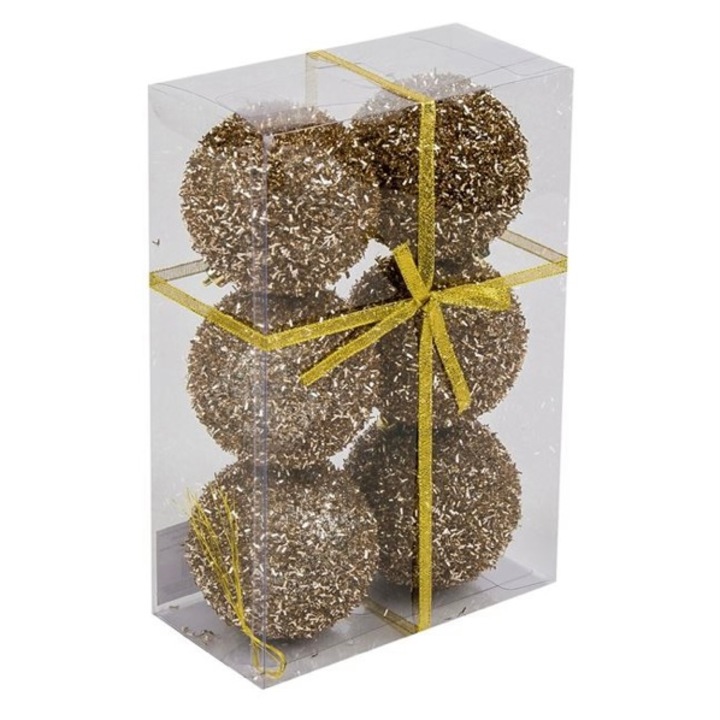Set 6 globuri pentru bradul de Craciun, sampanie, tinsel, 8 cm