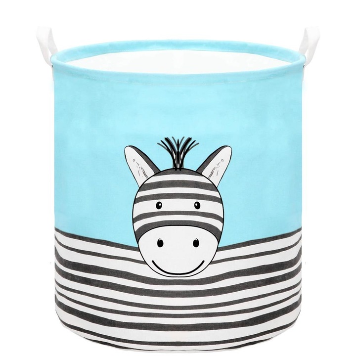 Cos depozitare haine sau jucarii, 50x40cm, bumbac si in, 80 l, zebra, albastru