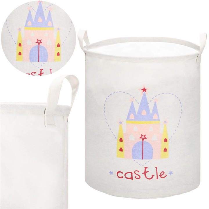 Cos depozitare haine sau jucarii, 45x35cm, bumbac si in, 55 l, castel, crem