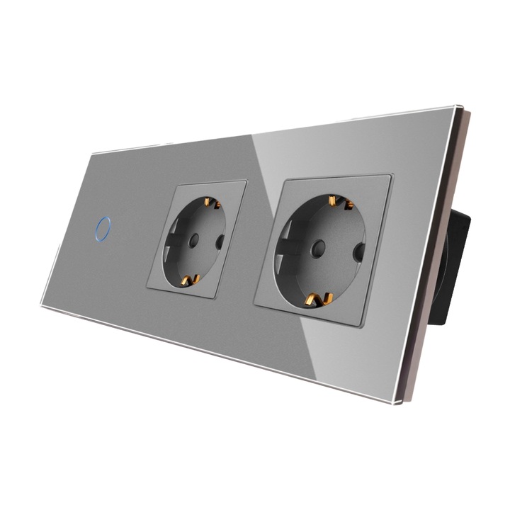 Luxion Egyszerű Érintőkapcsoló + Kettes Konnektor, Kristályüveg, Nedvességálló, Érintőgombos, Szürke