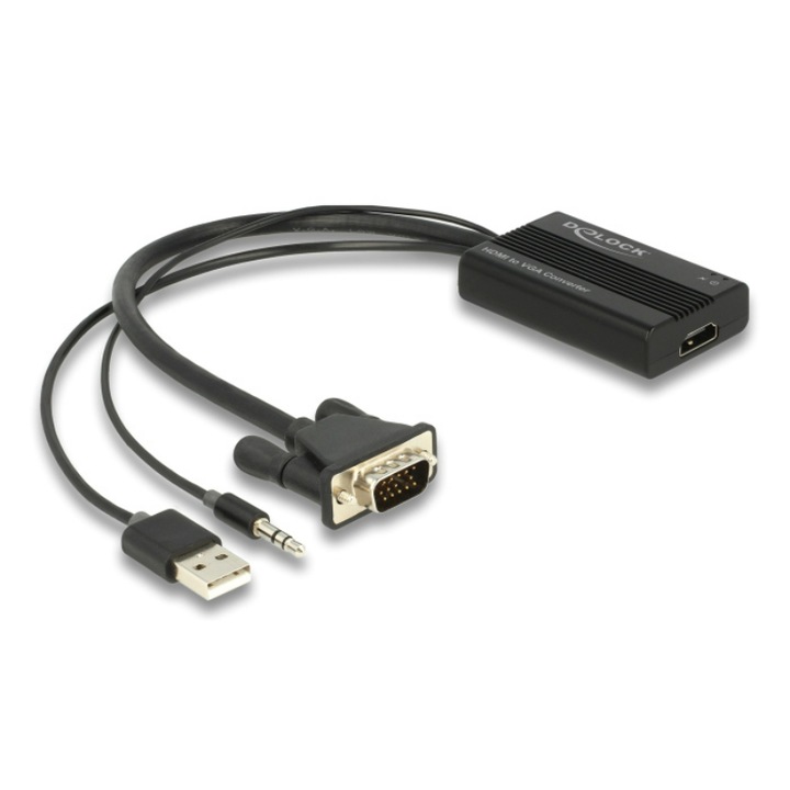 Adaptor Delock, HDMI/VGA, Universal, 1080p, 25 cm, Negru