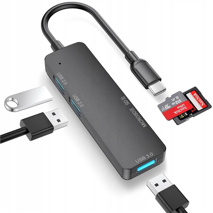 Адаптер Хъб, Алуминиев, USB-C/Micro SD/2 x USB 2.0/USB 3.0, Черен