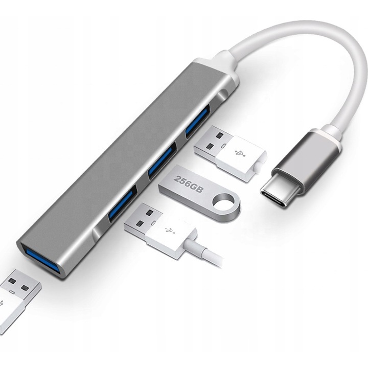 Adaptor Hub, Aluminiu, USB-C/USB 3.0, GriAlb