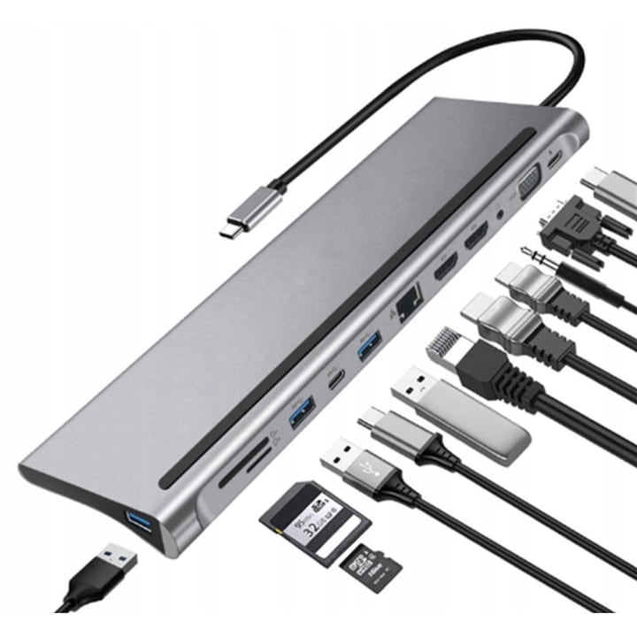 Adaptor Hub, Aluminiu, USB-C/HDMI 4k/VGA/USB 3.0/LAN RJ45/SD, Power Delivery 87W, Gri/Negru