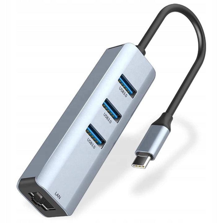 Adapter-elosztó, alumínium, USB-C/USB 3.0/LAN RJ45, 1000 Mbps, szürke/fekete