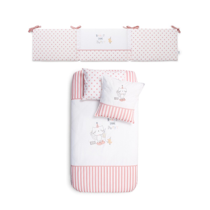 Set lenjerie din bumbac pentru pat bebelusi cu protectie laterala, VIP Pink, 60x70 cm