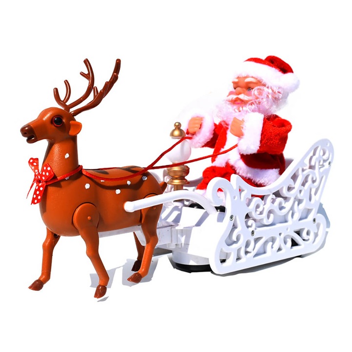 Коледна декорация, Elemag, Дядо Коледа с шейна и елен, Музикален, Движещ се, 30х18 см