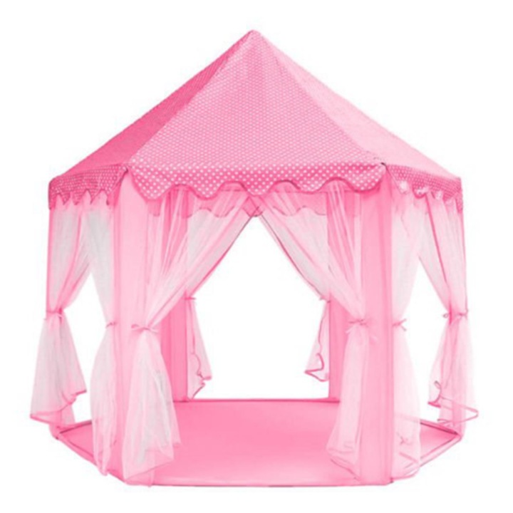 Cort de joaca MCT pentru copii, hexagonal, cu perdele, roz, 135x135x140 cm