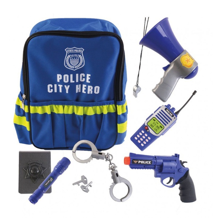 Rucsac Imaginarium Police Set cu 7 unelte accesorii de politist, statie de emise-receptie, catuse, legitimatie, megafon, pistol, lanterna si fluier, cu sunet si lumina