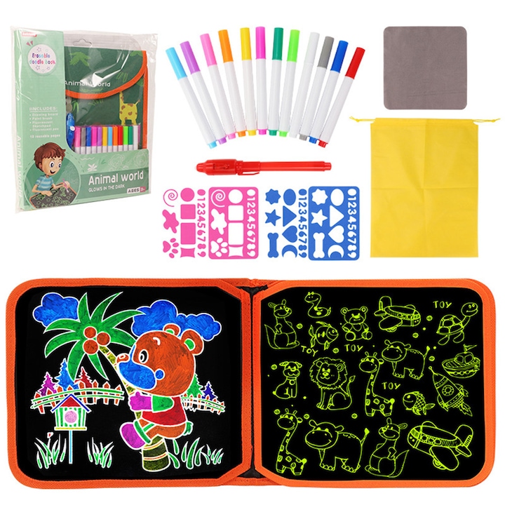 MorFansi újrafelhasználható kifestő- és rajzfüzet készlet, tevékenységfüzet, 3 év feletti gyerekeknek, festőkészlet 10 oldalas, hordozható, 1 világító toll és 12 akvarell toll, zöld