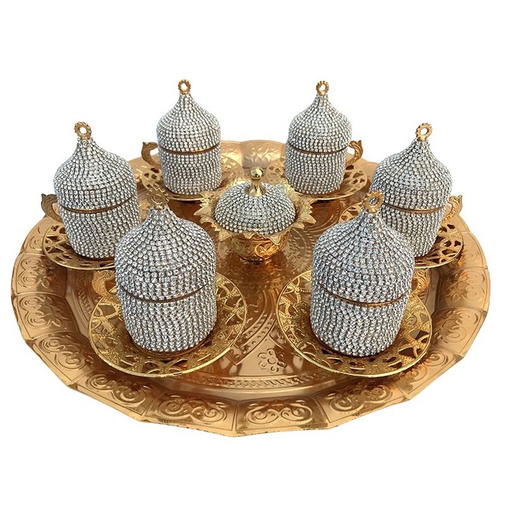 Set din ceramica pentru ceai/ cafea format din sase cesti cu farfurii, zaharnita si tava, ornate cu cristale, M4, 37x36 cm