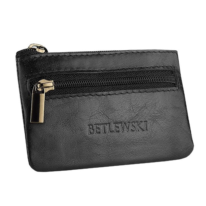 Portofel, Betlewski, Piele naturala, 9.5 x 6.5 x 0.5 cm, Negru