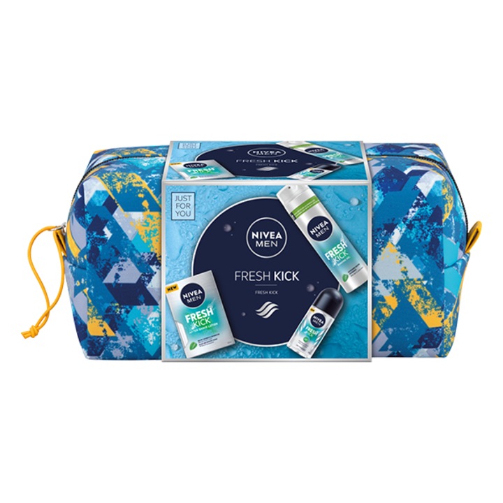 Подаръчен комплект Nivea Men Fresh Kick: Лосион за след бръснене, 100 мл + Гел за бръснене, 200 мл + Рол-он дезодорант, 50 мл + Несесер