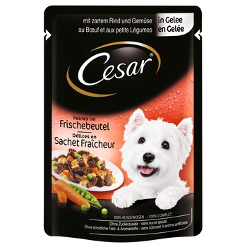 Hrana umeda pentru caini, Cesar, Vita si Legume in aspic, plic 100 g Hrana umeda pentru caini, Cesar, Vita si Legume in aspic, plic 100 g