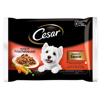 Hrana umeda pentru caini, Cesar, Selectii in sos, 4 plicuri x 100 g Hrana umeda pentru caini, Cesar, Selectii in sos, 4 plicuri x 100 g