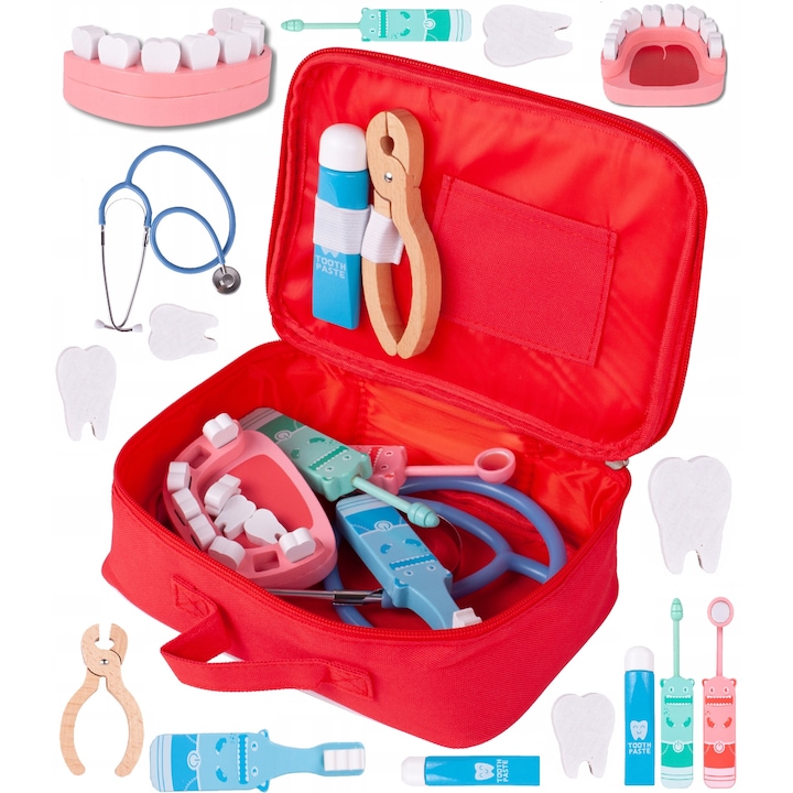 Дървен медицински комплект Dentistry Smart idealSTORE, Включва различни зъболекарски аксесоари, четка за зъби, стетоскоп, спринцовка, бормашина, тубичка с паста, отливка за зъби, клещи, творческа и интерактивна игра, чанта за съхранение