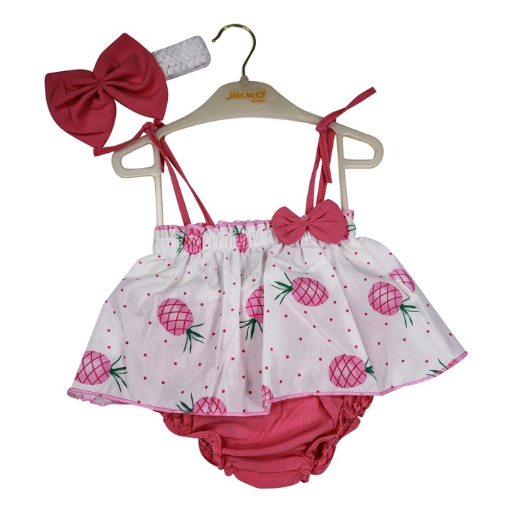 Set Bebelusi "Pineapple" 3 Piese Rochita, Chilotel Si Bentita 100% Bumbac, Roz inchis