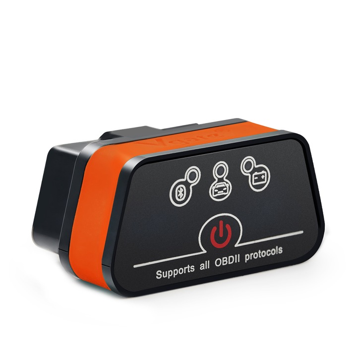 NUODWELL autótesztelő interfész, OBD II diagnosztika, ON/OFF gomb, Bluetooth 4.0, Android, Windows, fekete/narancssárga