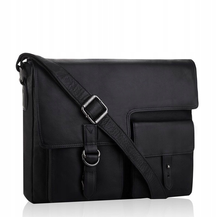 Geanta barbati Betlewski, Piele naturala, 39x29x15 cm, Negru
