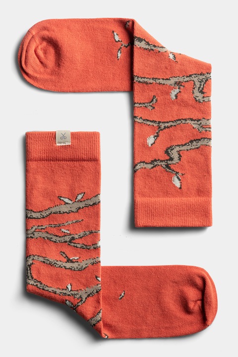 KAFT, Sosete unisex lungi cu model, Maro/Rosu vermillion