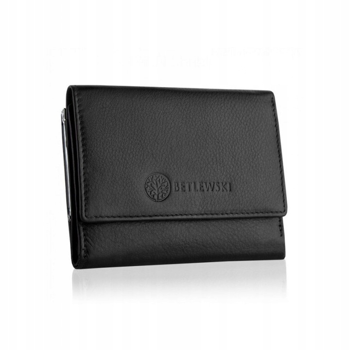 Portofel dama, Betlewski, Piele naturala, 12 x 9.5 x 2.5 cm, Negru