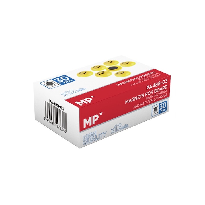 Set 12 magneti pentru tabla magnetica, MP, PA488-03, Model smiley face, 30 mm, Galben