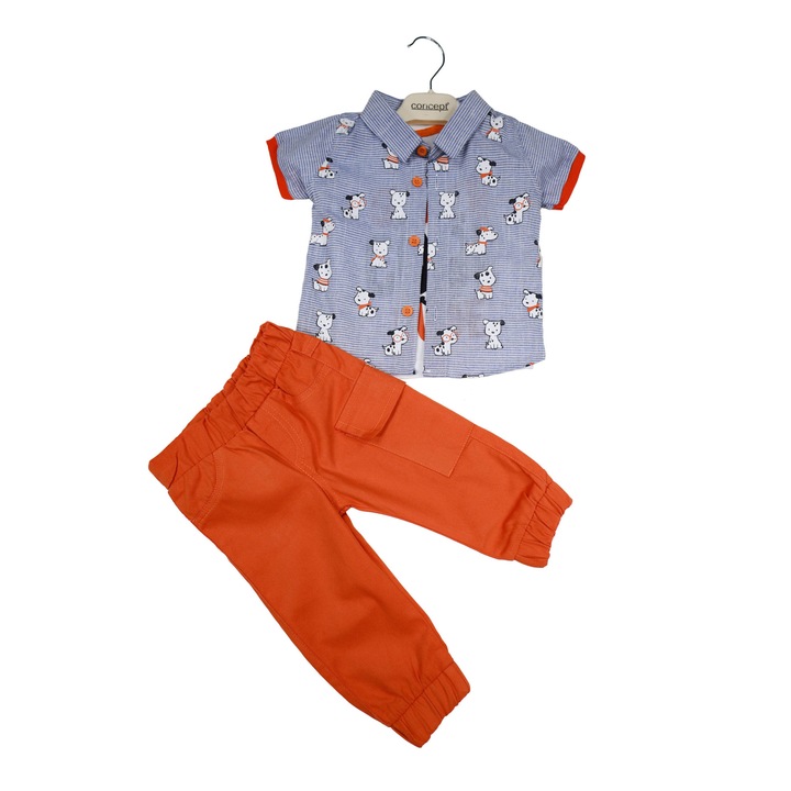 Compleu Baieti "Super Cool" 3 Piese Camasa Maneca Scurta,Tricou Si Pantaloni Lungi 100% Bumbac, Portocaliu